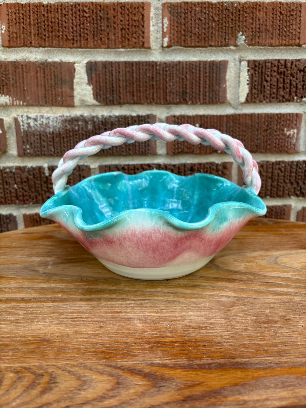 DRYDEN Hot Springs Pottery Original Green Pink Decorative Basket Bowl Signed Vtg
